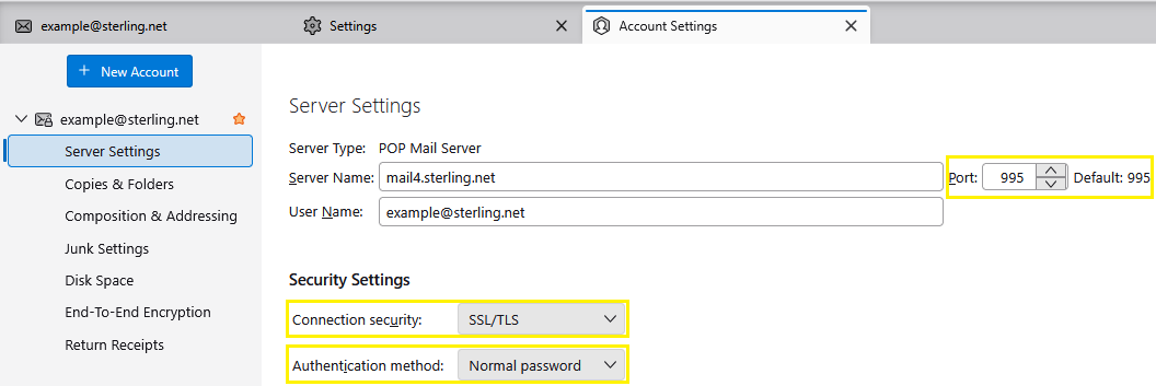 Thunderbird POP Server Settings
