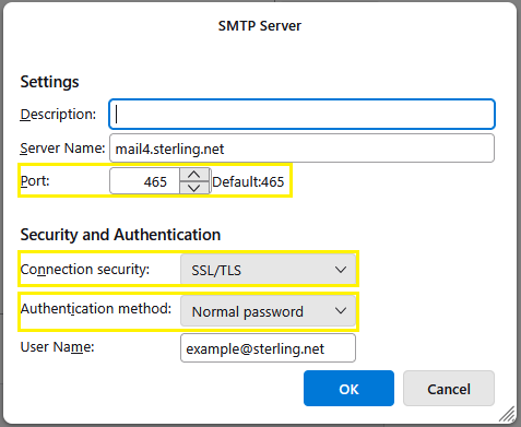 Thunderbird SMTP settings