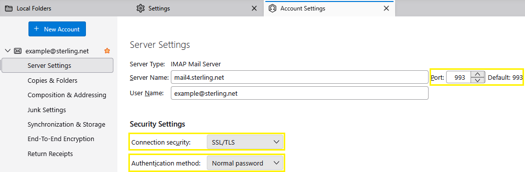 Thunderbird IMAP Server Settings