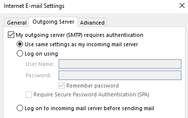 Outgoing Server settings