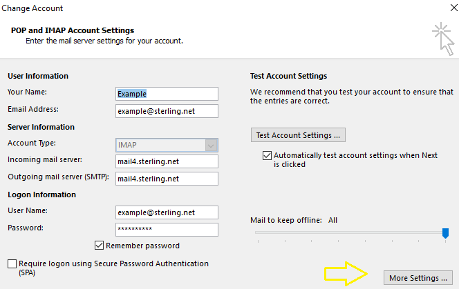 Change Account IMAP dialog