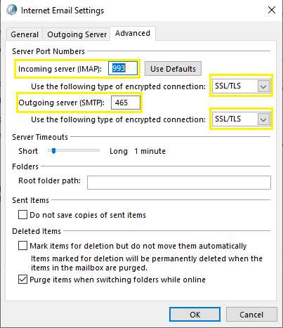 Advanced IMAP port settings